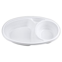 画像1: [レンジ対応] 楕円型 仕切り付 カレー皿 BF-213 ホワイト 透明蓋セット