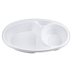 画像: [レンジ対応] 楕円型 仕切り付 カレー皿 BF-213 ホワイト 透明蓋セット